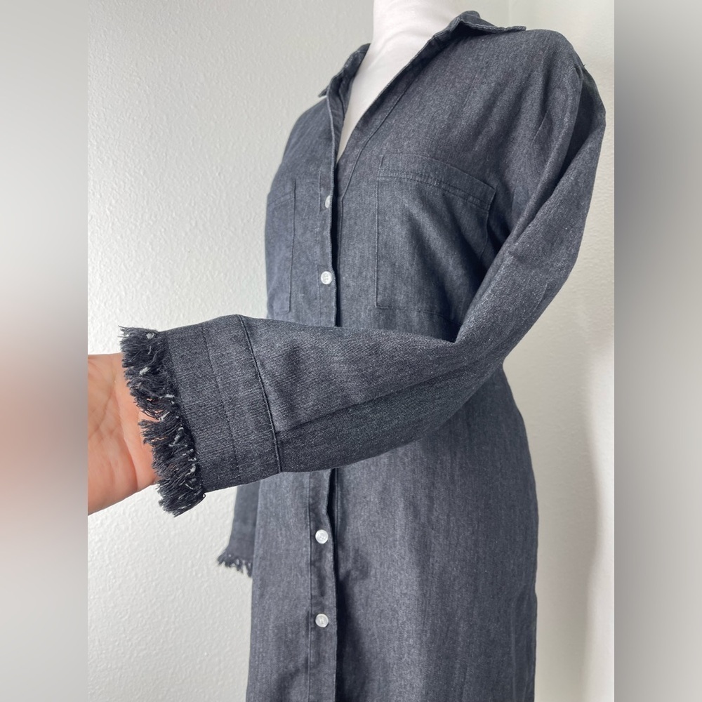 NWT Francis Cabrel Gray Denim Long Sleeve Frayed Hem Button Front Dress Size Sm - Picture 7 of 13